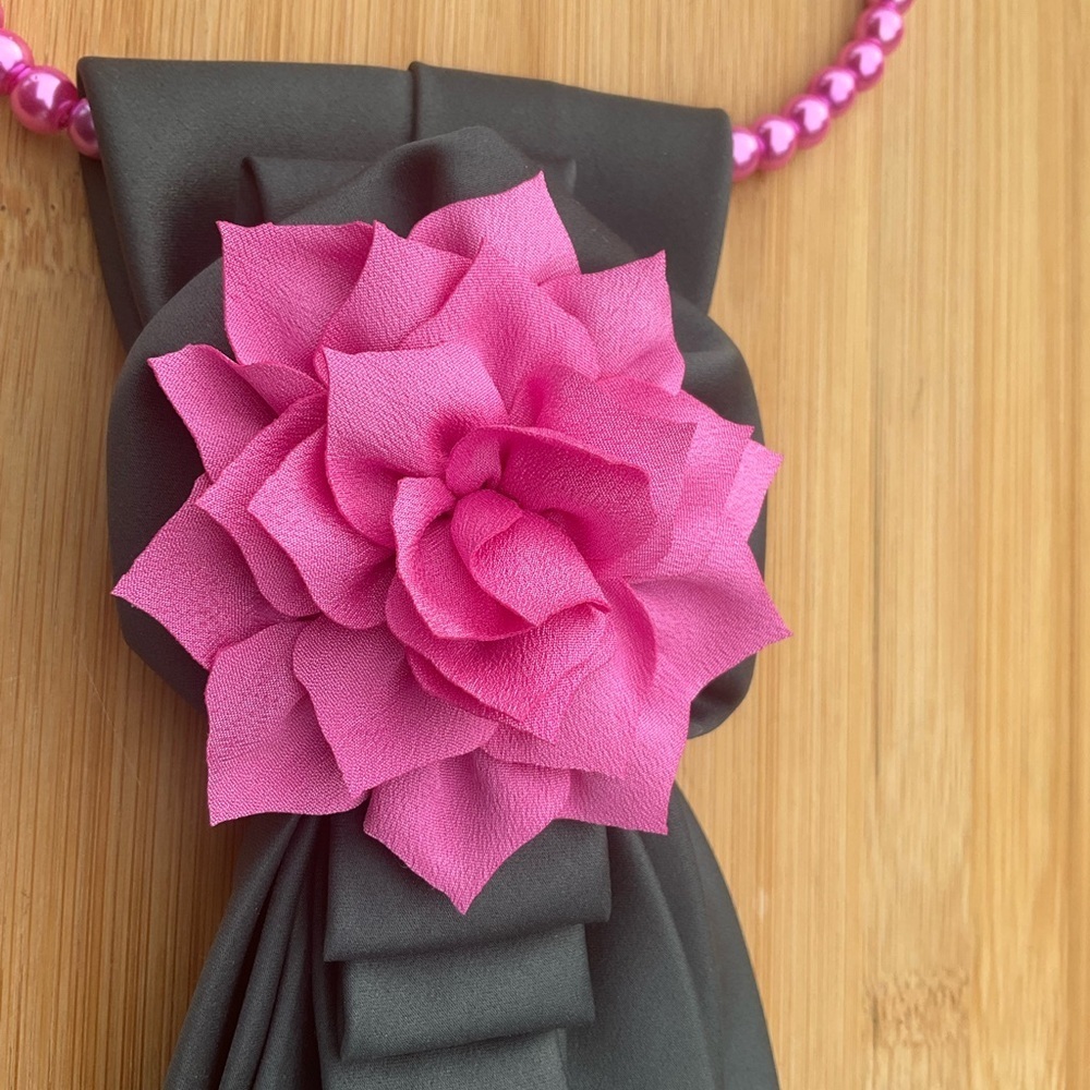 Hand Crafted Necktie Necklace Grayish Green Cross Brooch Pink Floral Accent - Picture 4 of 11